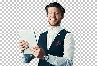 Buy stock photo Happy, portrait and business man on tablet, corporate research and entrepreneur online. Face, professional agent smile and technology, worker and employee isolated on a transparent png background