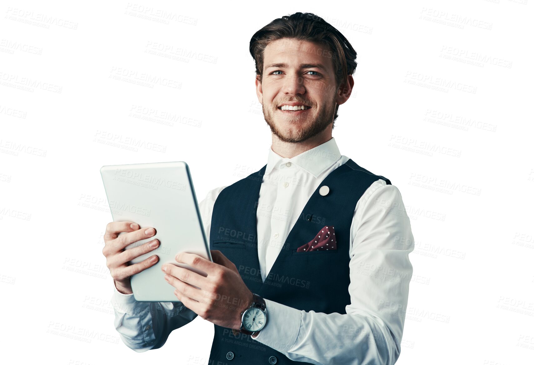 Buy stock photo Happy, portrait and business man on tablet, corporate research and entrepreneur online. Face, professional agent smile and technology, worker and employee isolated on a transparent png background