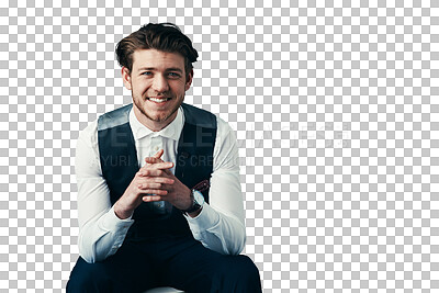 Buy stock photo Portrait, smile and a business man on a chair isolated on a transparent background for career ambition. Work, corporate and formal with a happy young employee sitting on PNG as a professional