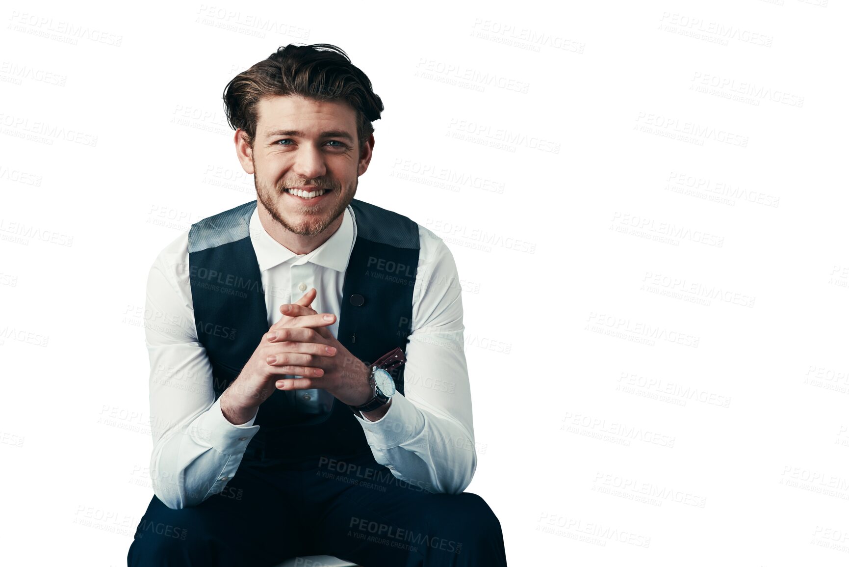 Buy stock photo Portrait, smile and a business man on a chair isolated on a transparent background for career ambition. Work, corporate and formal with a happy young employee sitting on PNG as a professional