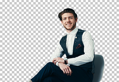 Buy stock photo Portrait, smile and creative businessman in chair isolated on transparent png background with trendy fashion. Designer, startup entrepreneur and happy man with confidence, ambition and small business