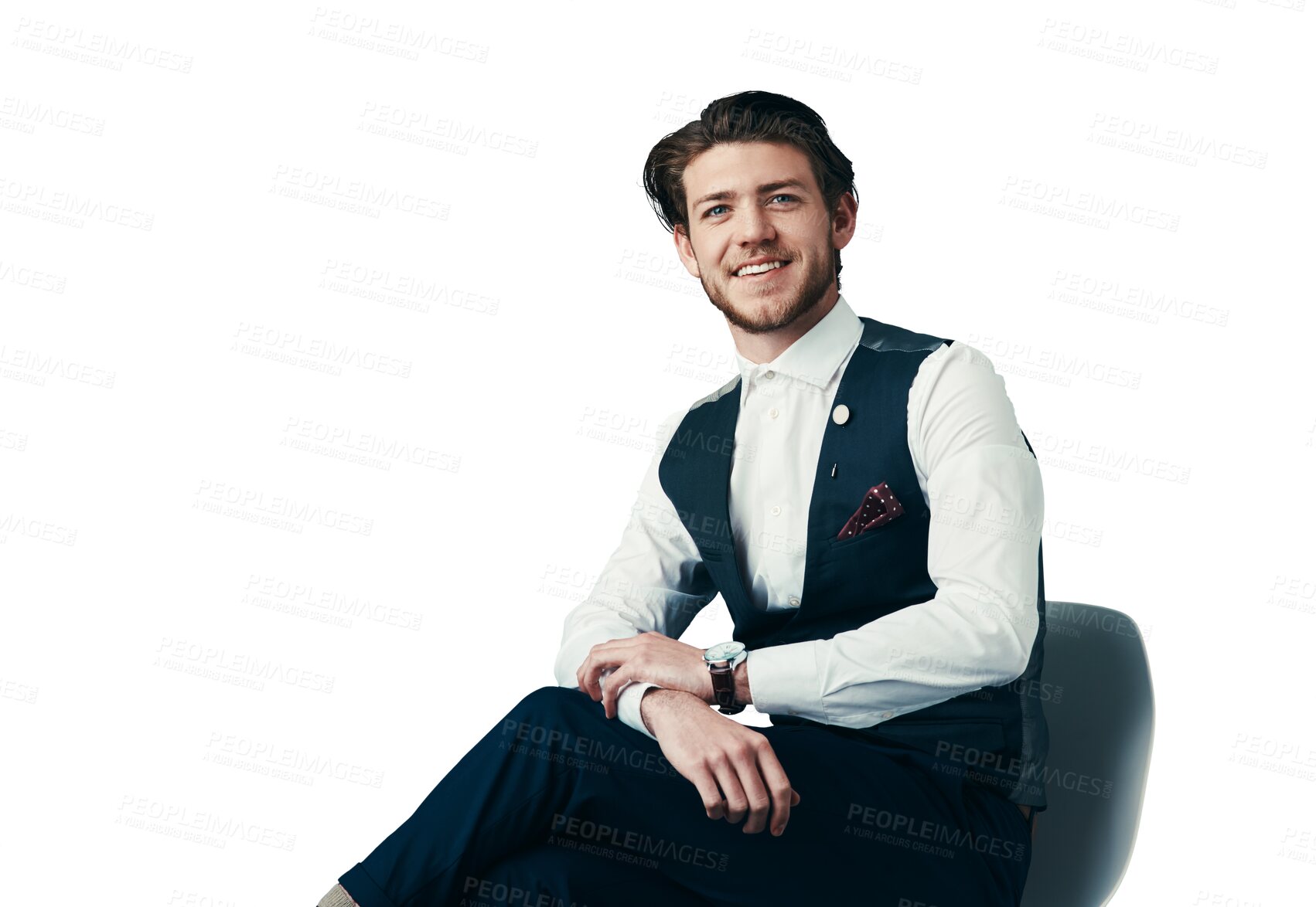 Buy stock photo Portrait, smile and creative businessman in chair isolated on transparent png background with trendy fashion. Designer, startup entrepreneur and happy man with confidence, ambition and small business