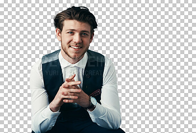 Buy stock photo Portrait, confidence and creative businessman isolated on transparent png background with trendy fashion. Designer, startup entrepreneur and happy man sitting with smile, ambition and small business