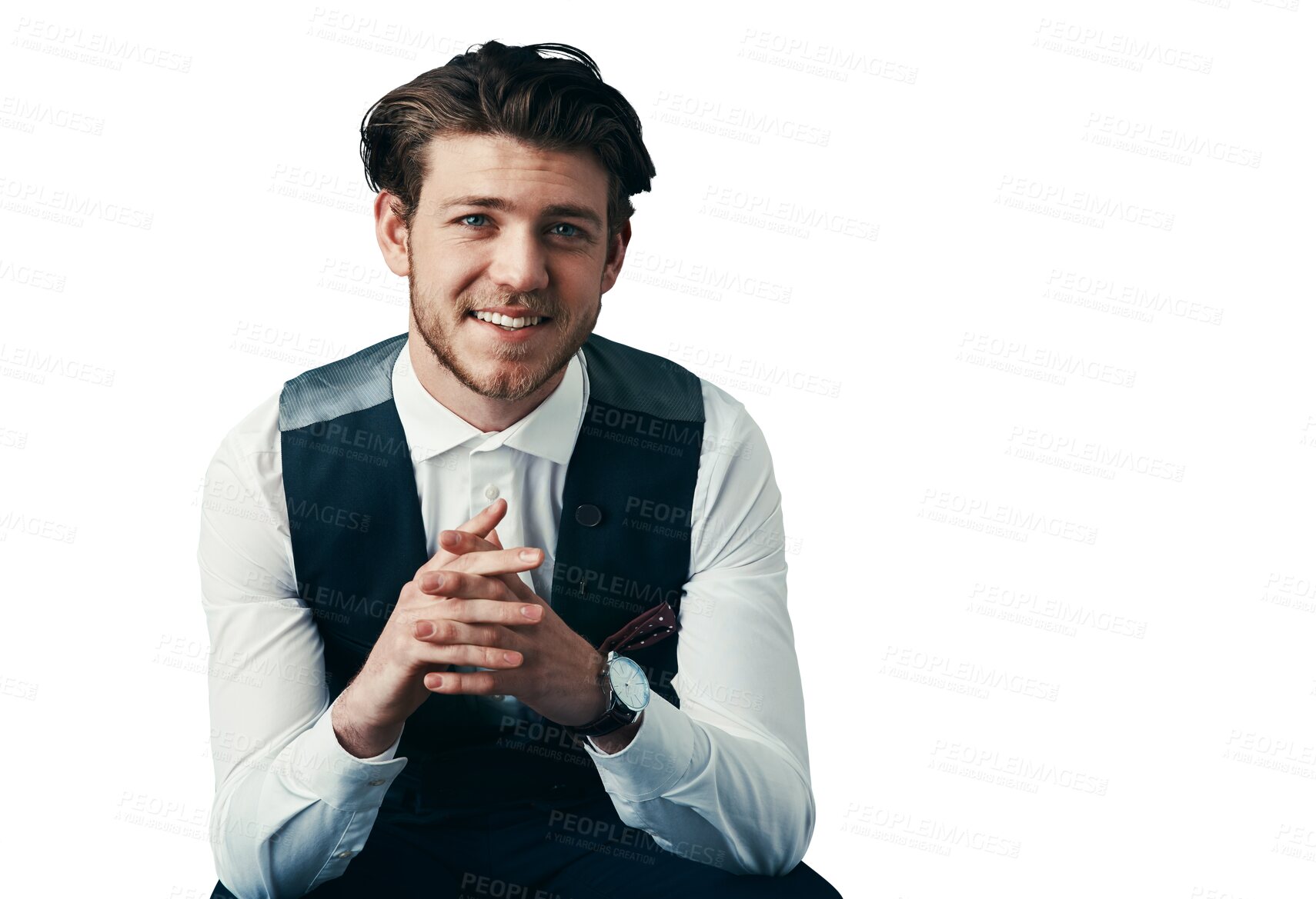 Buy stock photo Portrait, confidence and creative businessman isolated on transparent png background with trendy fashion. Designer, startup entrepreneur and happy man sitting with smile, ambition and small business