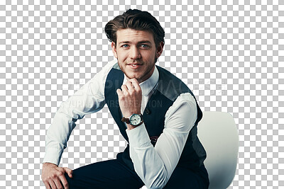 Buy stock photo Portrait, confidence and young businessman in chair isolated on transparent png background with trendy fashion. Designer, startup entrepreneur and happy man with smile, creative and small business.