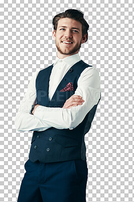 Buy stock photo Businessman, portrait and happy with arms crossed for career isolated on png transparent background. Entrepreneur, person and face with smile, confidence and pride for corporate service at workplace