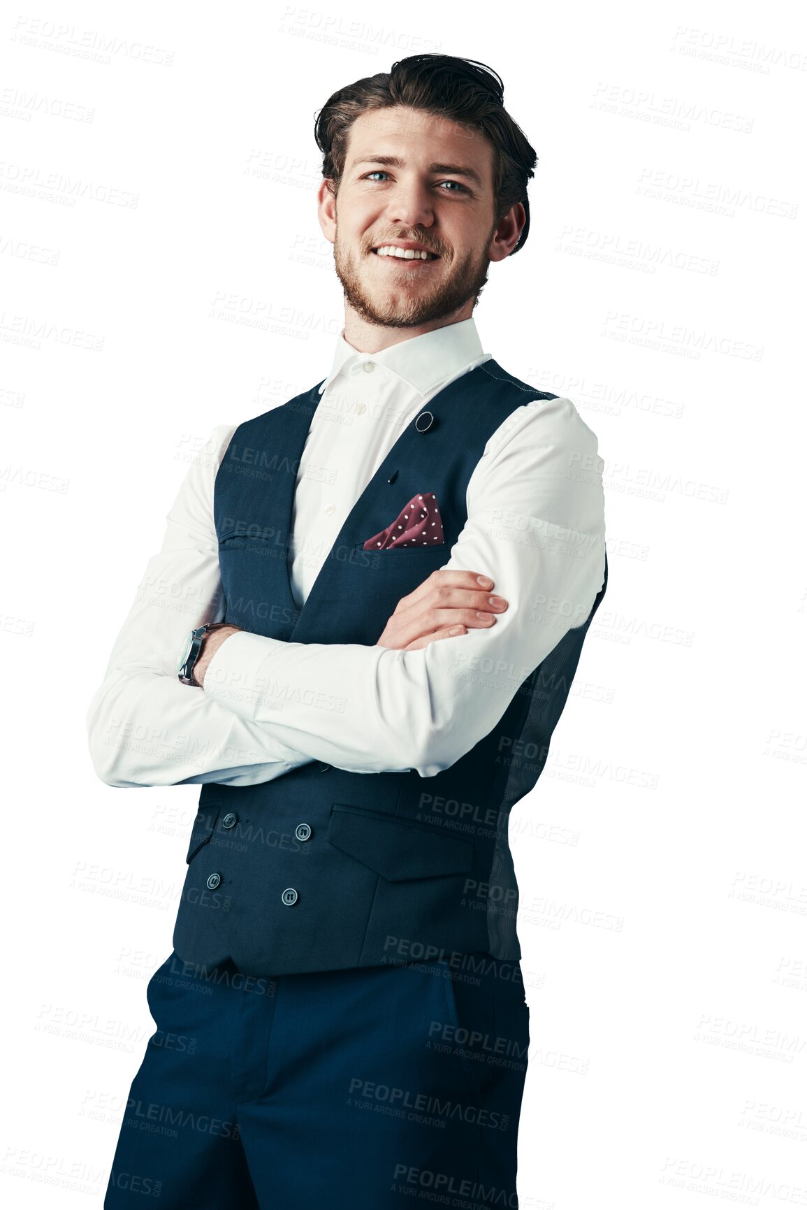 Buy stock photo Businessman, portrait and happy with arms crossed for career isolated on png transparent background. Entrepreneur, person and face with smile, confidence and pride for corporate service at workplace