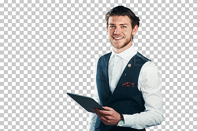 Buy stock photo Smile, portrait and business man on tablet, corporate research and entrepreneur online. Face, happy professional agent and technology, digital app or employee isolated on a transparent png background