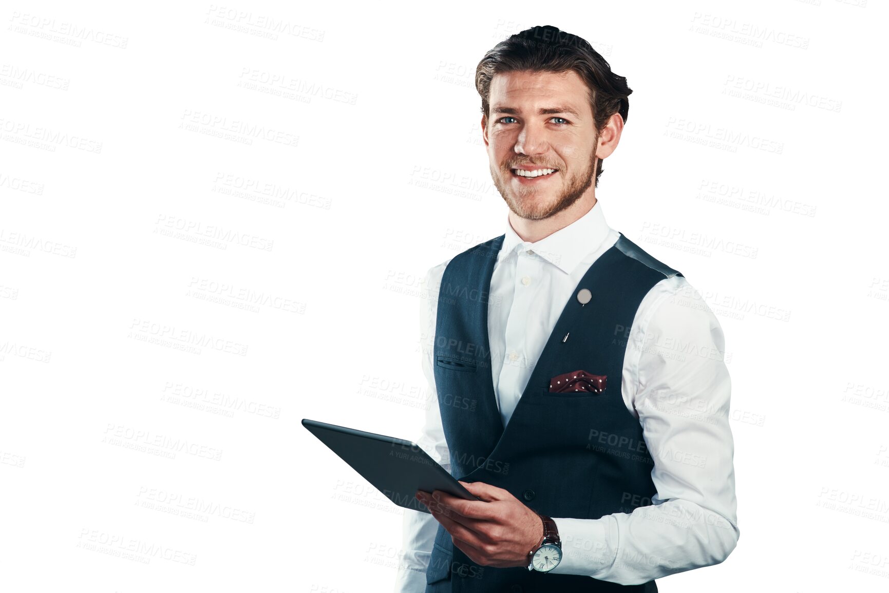 Buy stock photo Smile, portrait and business man on tablet, corporate research and entrepreneur online. Face, happy professional agent and technology, digital app or employee isolated on a transparent png background