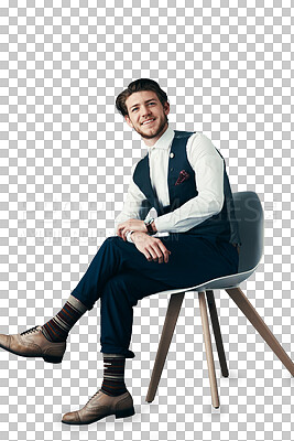 Buy stock photo Portrait, relax and creative businessman in chair isolated on transparent png background with trendy fashion. Designer, startup entrepreneur and happy man with confidence, smile and small business.