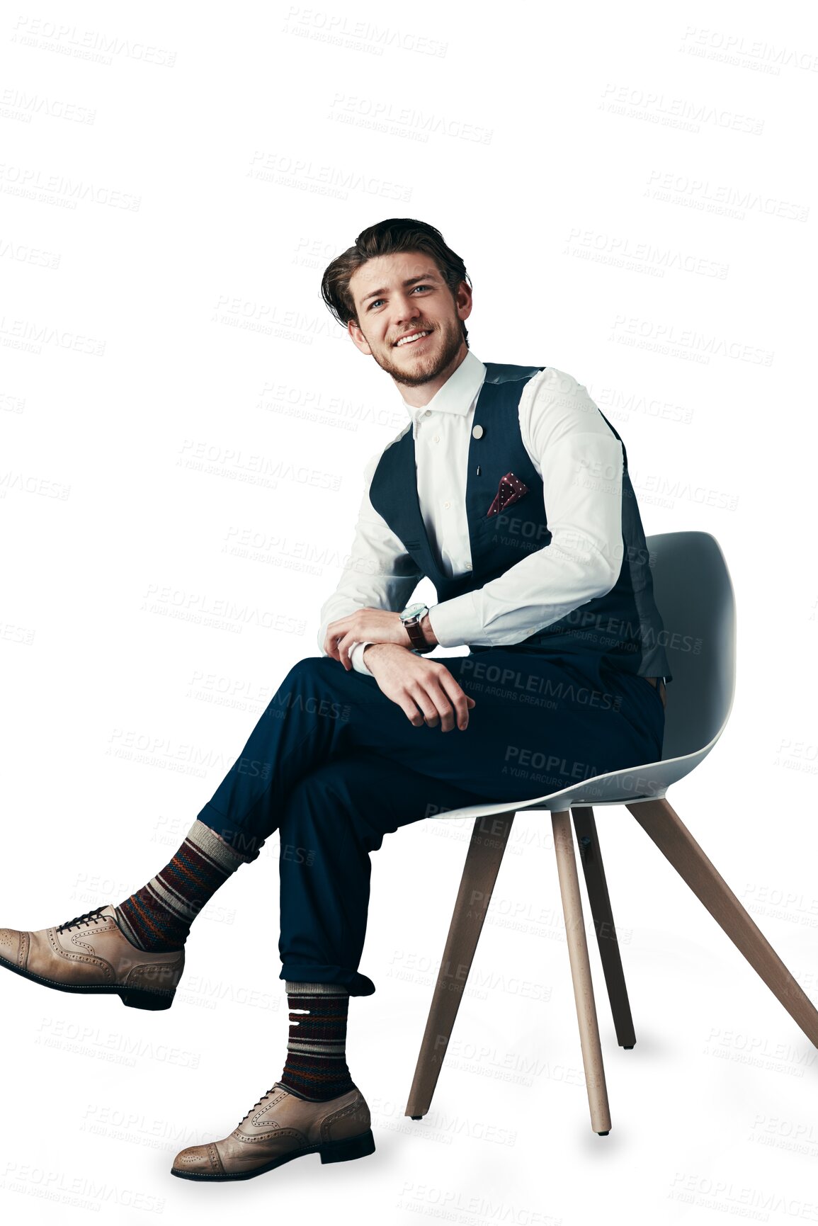 Buy stock photo Portrait, relax and creative businessman in chair isolated on transparent png background with trendy fashion. Designer, startup entrepreneur and happy man with confidence, smile and small business.