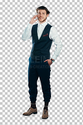 Buy stock photo Happy businessman, phone call and conversation in fashion suit isolated on a transparent PNG background. Man or employee talking on mobile smartphone in business discussion, communication or chatting