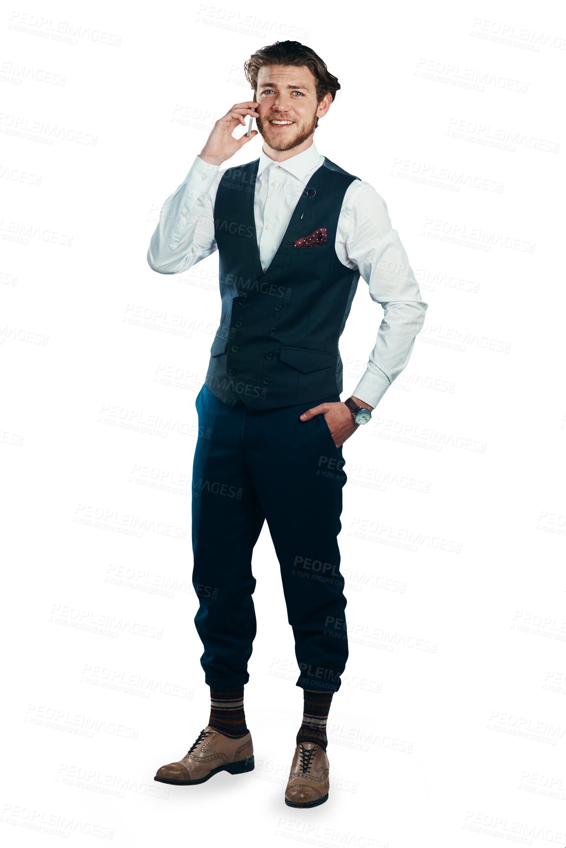 Buy stock photo Happy businessman, phone call and conversation in fashion suit isolated on a transparent PNG background. Man or employee talking on mobile smartphone in business discussion, communication or chatting