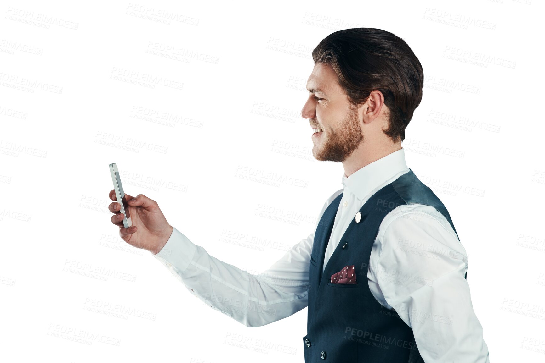 Buy stock photo Phone, business man and video call, smile and communication in online meeting. Happy professional agent on smartphone, webinar and chat in virtual conference isolated on a transparent png background