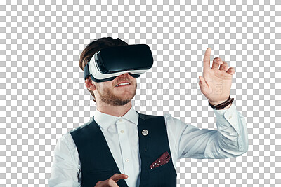 Buy stock photo Business man, VR and futuristic glasses for digital software, user experience or metaverse of formal event. Professional person in virtual reality or high tech isolated on transparent png background