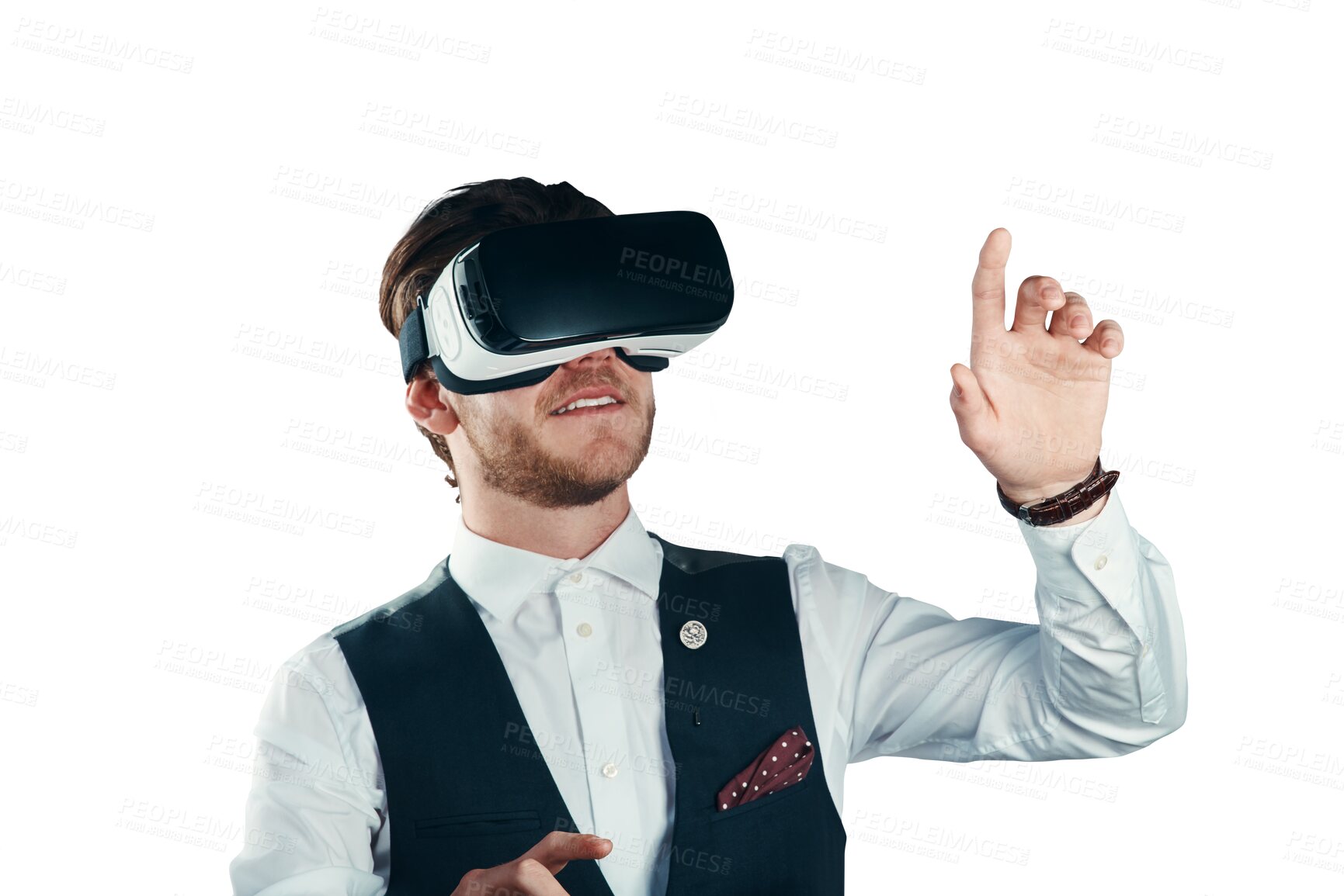 Buy stock photo Business man, VR and futuristic glasses for digital software, user experience or metaverse of formal event. Professional person in virtual reality or high tech isolated on transparent png background