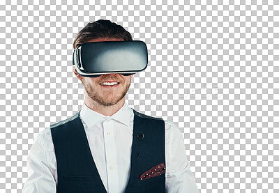 Buy stock photo Business man, vision and virtual reality glasses for software design, user experience and 3d metaverse. Professional person in futuristic VR or high technology isolated on transparent png background