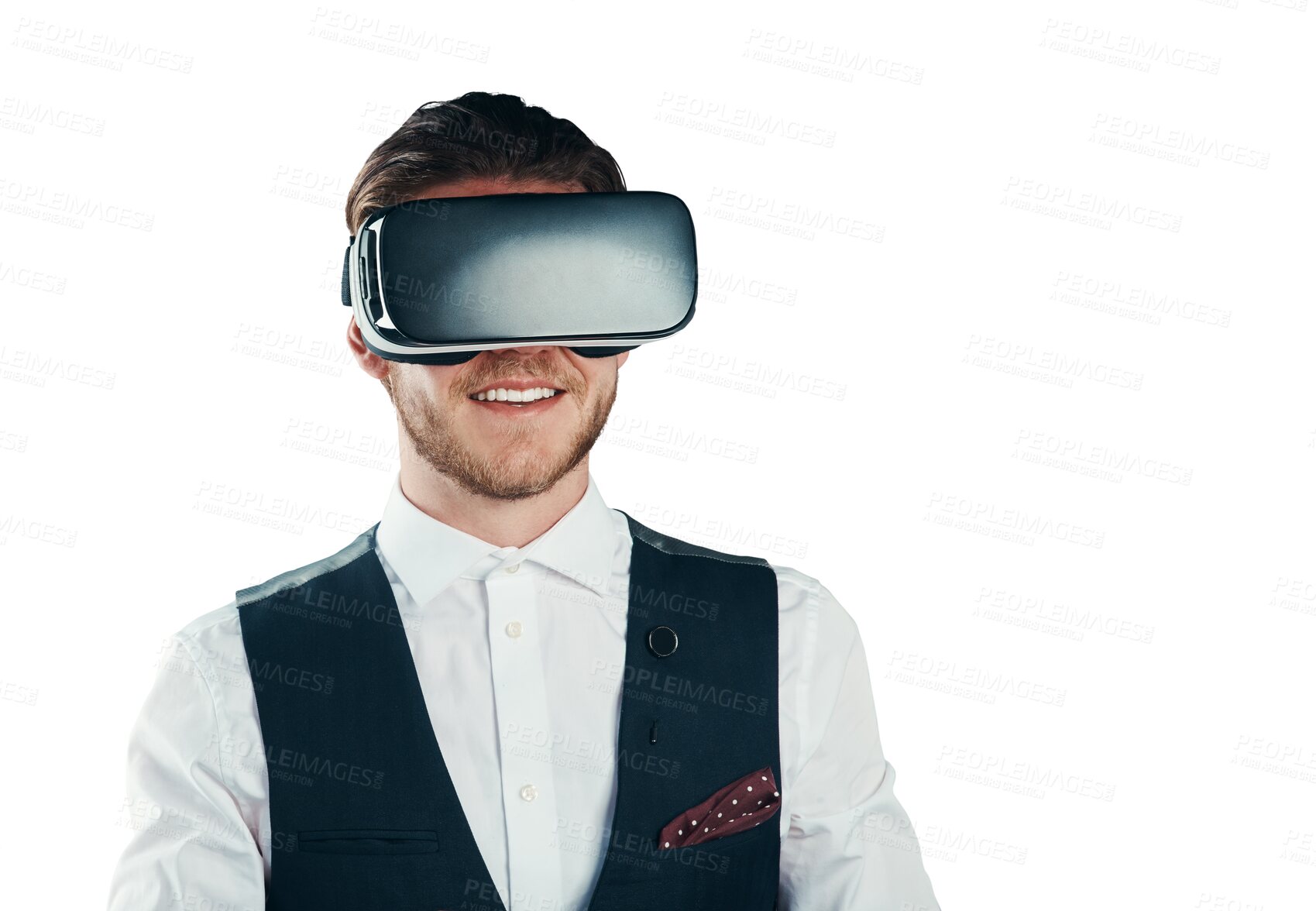 Buy stock photo Business man, vision and virtual reality glasses for software design, user experience and 3d metaverse. Professional person in futuristic VR or high technology isolated on transparent png background