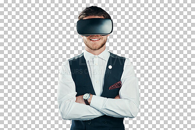 Buy stock photo Business man, VR and happy vision or futuristic glasses for metaverse and 3d experience of formal event. Professional person arms crossed for virtual reality isolated on a transparent, PNG background