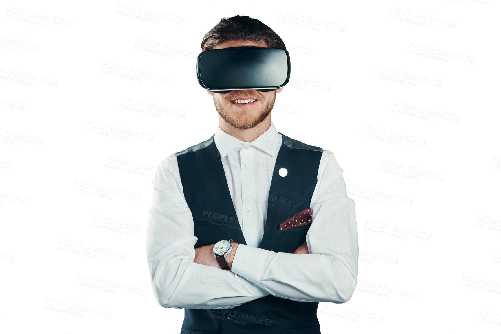 Buy stock photo Business man, VR and happy vision or futuristic glasses for metaverse and 3d experience of formal event. Professional person arms crossed for virtual reality isolated on a transparent, PNG background