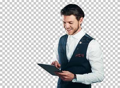 Buy stock photo Smile, business man research on tablet and reading email, networking or typing online. Happy professional agent on technology, scroll digital app or internet isolated on a transparent png background