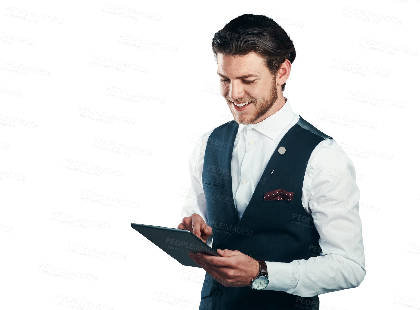 Buy stock photo Smile, business man research on tablet and reading email, networking or typing online. Happy professional agent on technology, scroll digital app or internet isolated on a transparent png background