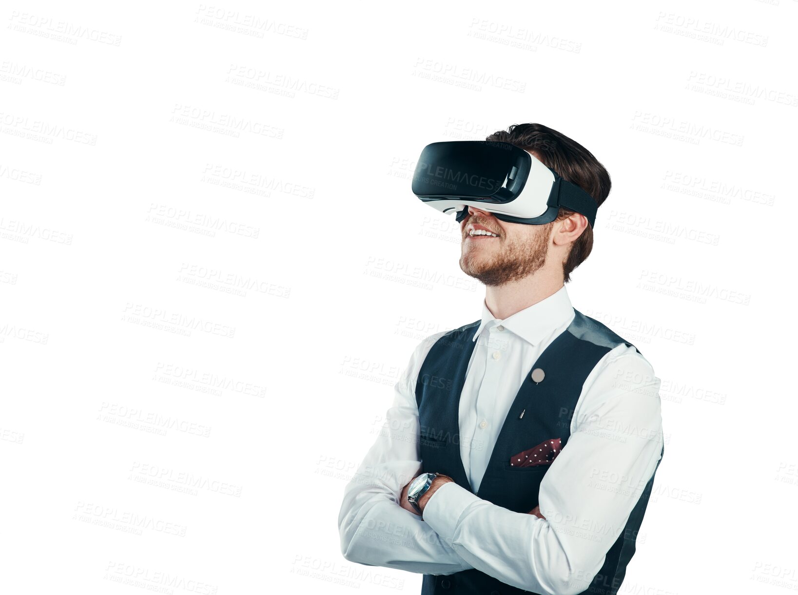 Buy stock photo Business man, arms crossed and virtual reality glasses for futuristic vision, metaverse or 3d experience of formal event. Professional person with VR technology isolated on transparent PNG background