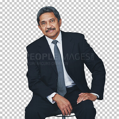 Buy stock photo Portrait, management and a senior CEO on a chair isolated on transparent background for corporate business. Company, career and professional with a confident elderly manager sitting on PNG in a suit