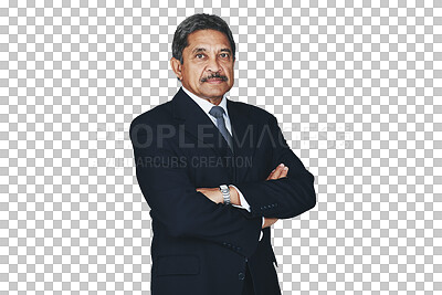 Buy stock photo Portrait, mature business man and arms crossed isolated on a transparent png background. Face, serious professional entrepreneur or confident ceo, Indian executive advisor and pride of corporate boss