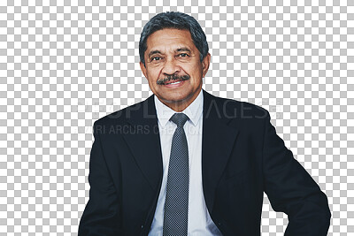 Buy stock photo Portrait, happy business man and ceo isolated on a transparent png background. Face, mature professional entrepreneur and manager in suit, Indian executive or financial consultant, corporate boss