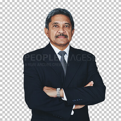 Buy stock photo Portrait, mature and business man with arms crossed isolated on a transparent png background. Serious face, professional entrepreneur and confident ceo, Indian executive advisor and corporate boss