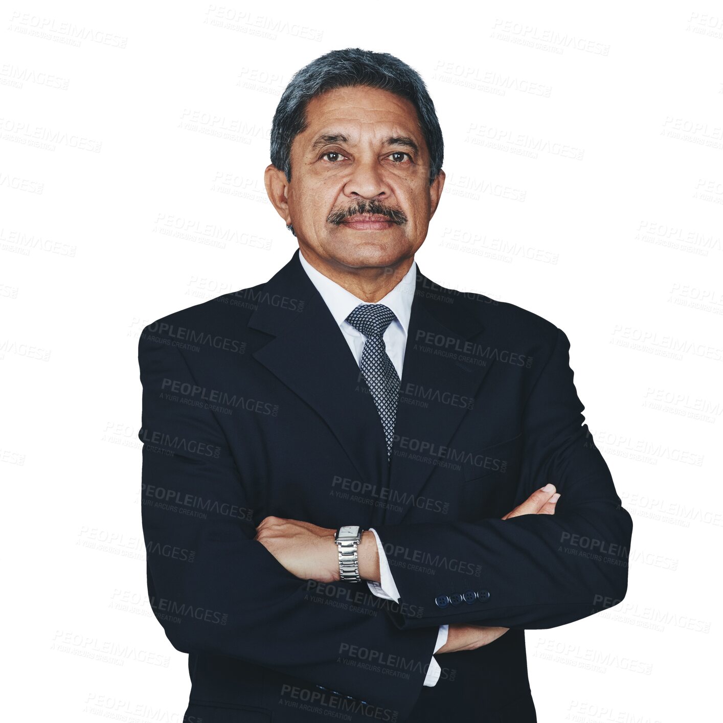 Buy stock photo Portrait, mature and business man with arms crossed isolated on a transparent png background. Serious face, professional entrepreneur and confident ceo, Indian executive advisor and corporate boss