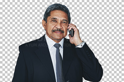 Buy stock photo Mature, businessman and phone call as portrait or company communication, corporate decision or isolated transparent png background. Male person, face and digital device or talk work, career as future