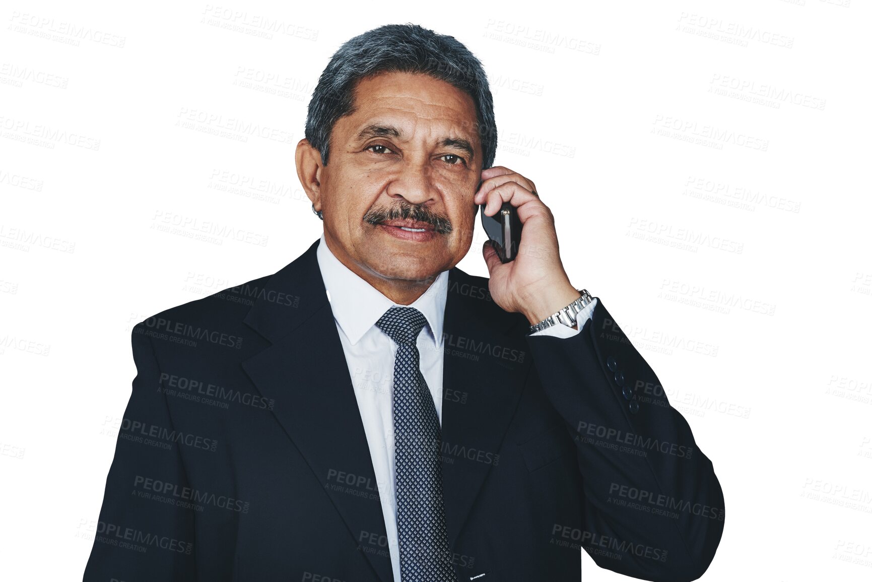 Buy stock photo Mature, businessman and phone call as portrait or company communication, corporate decision or isolated transparent png background. Male person, face and digital device or talk work, career as future