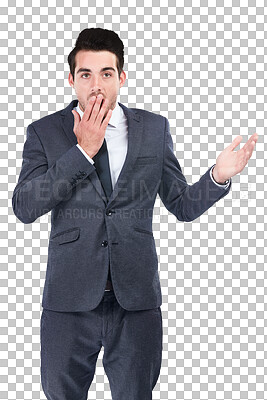 Buy stock photo Portrait, surprise and business man cover mouth, shocked and react to corporate announcement, notification or news. Gasp, sales alert and professional person isolated on transparent, png background