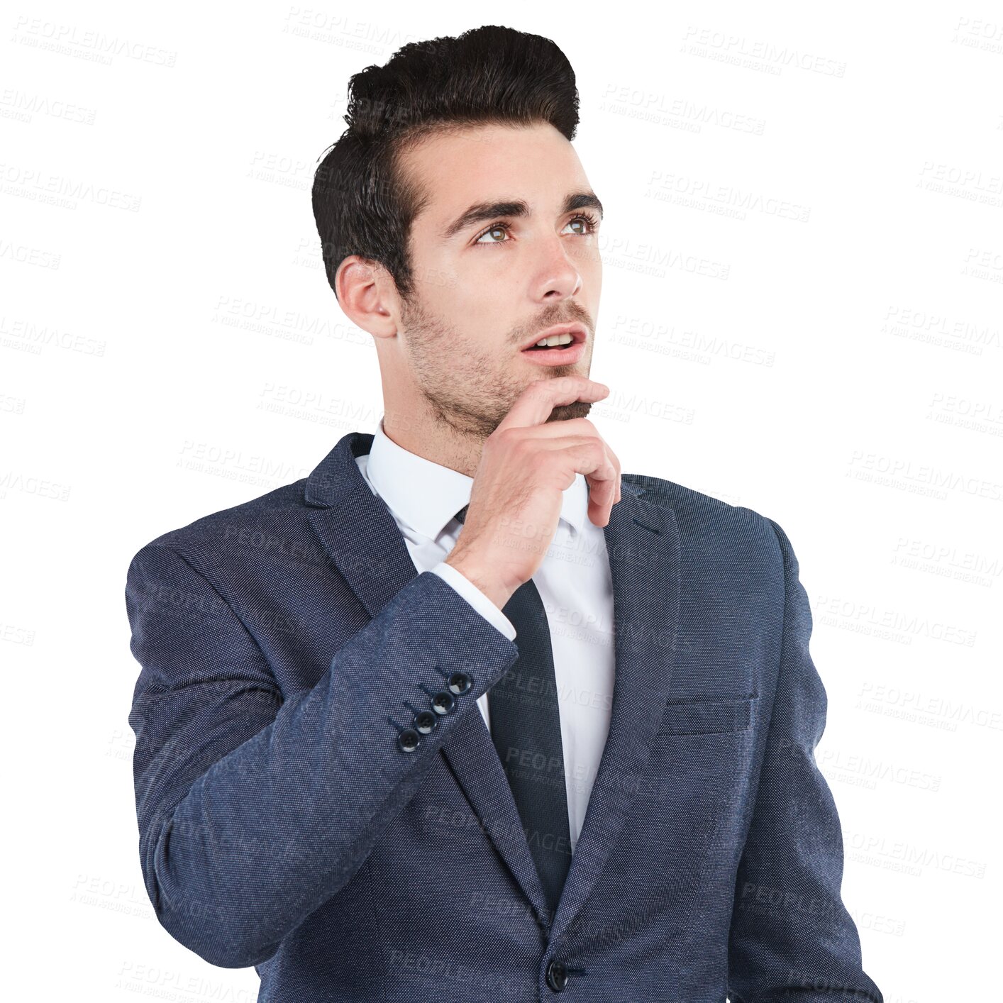 Buy stock photo Thinking, vision and future with a business man isolated on a transparent background for problem solving. Idea, planning and brainstorming with a confident young employee on PNG for corporate work