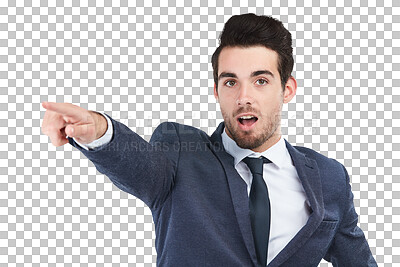 Buy stock photo Portrait, business man or pointing with surprise at deal, information or announcement isolated on transparent png background. Worker advertising direction of decision, choice or wow of corporate news