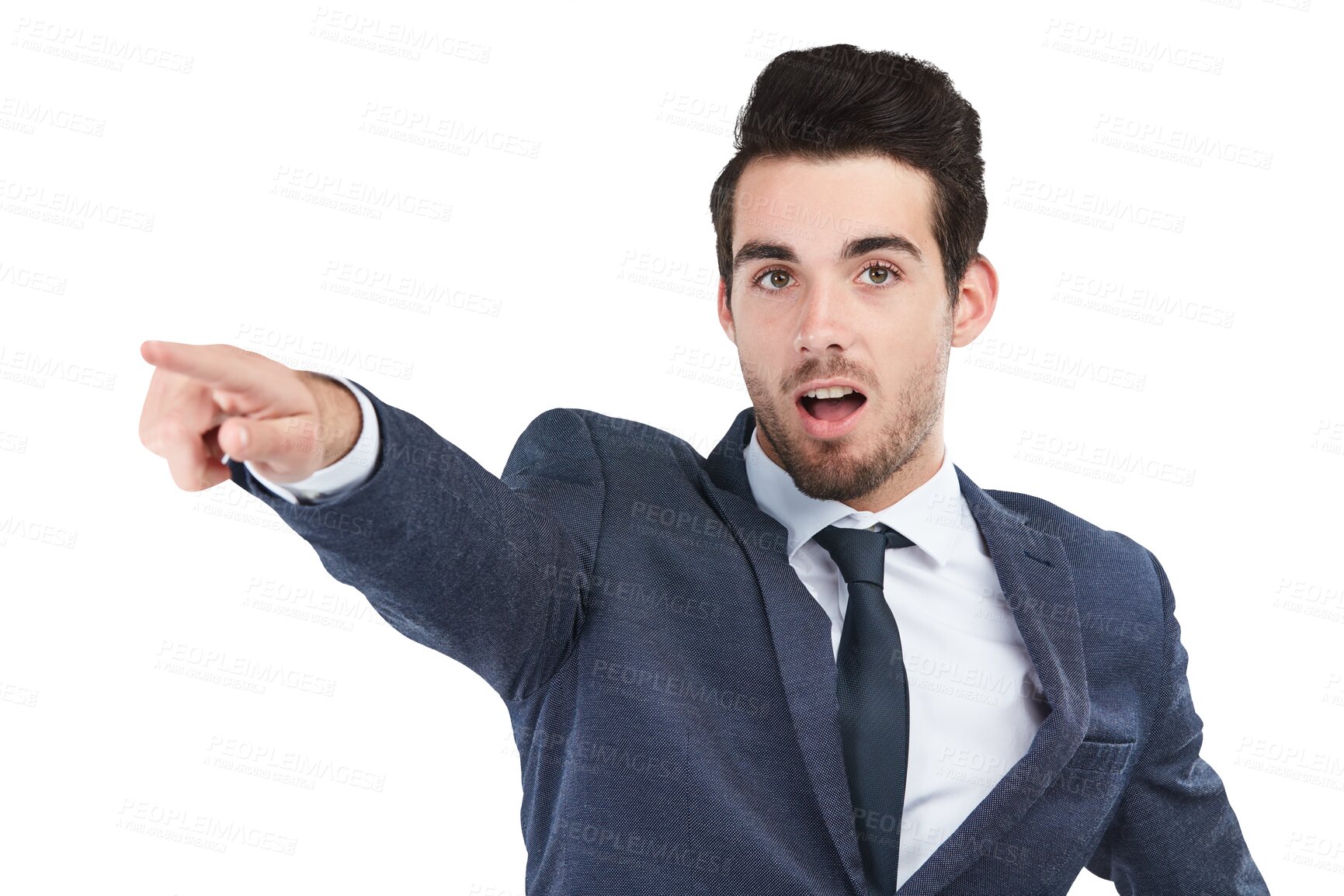 Buy stock photo Portrait, business man or pointing with surprise at deal, information or announcement isolated on transparent png background. Worker advertising direction of decision, choice or wow of corporate news