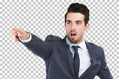 Buy stock photo Wow, surprise and pointing with a business man isolated on a transparent background for reaction or direction. News, shock and showing with a young employee on PNG for announcement or information