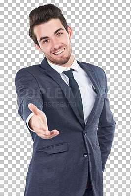 Buy stock photo Portrait, man or offer handshake for business introduction, trust or recruitment isolated on transparent png background. Happy worker shaking hands in agreement, HR deal or b2b onboarding opportunity