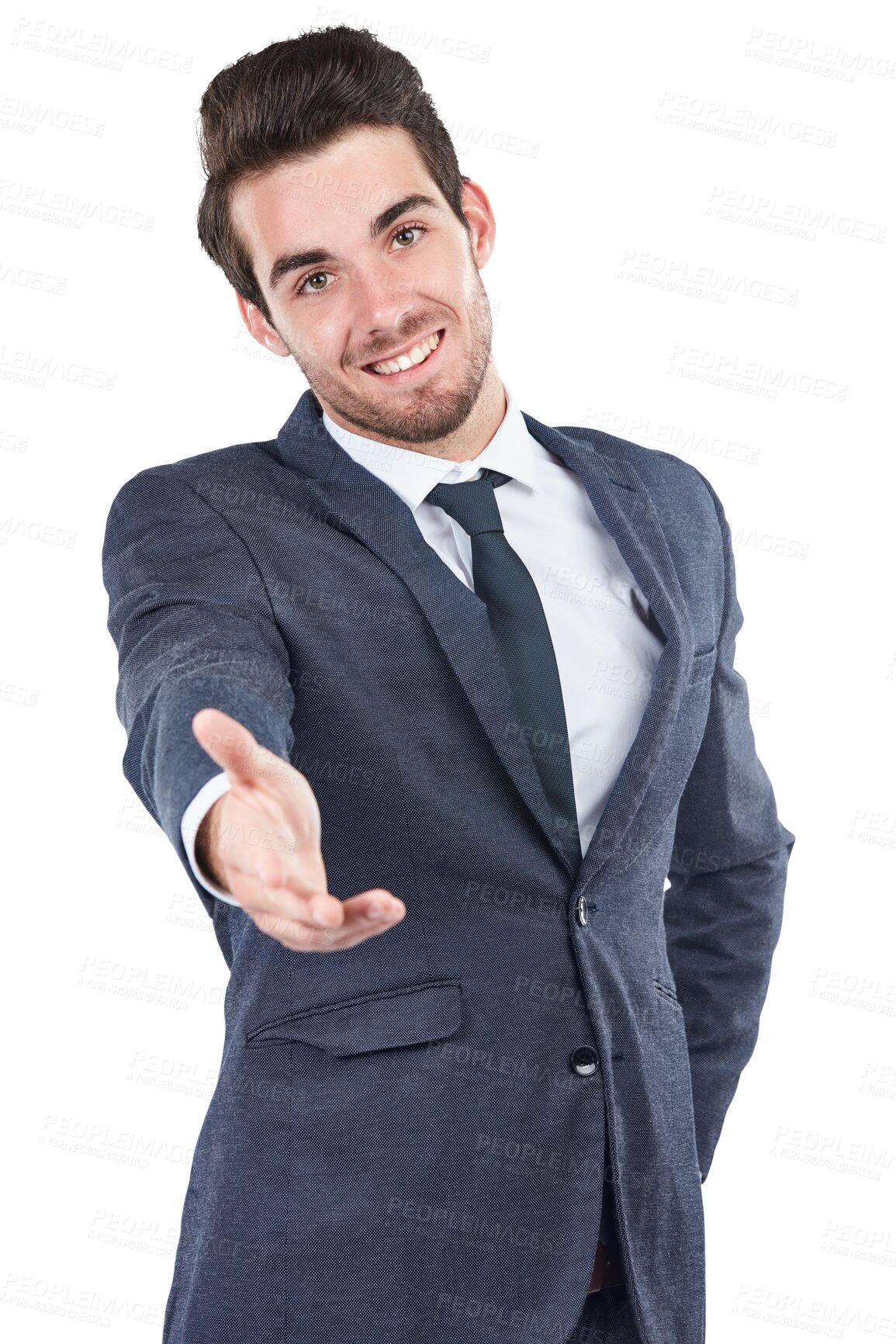 Buy stock photo Portrait, man or offer handshake for business introduction, trust or recruitment isolated on transparent png background. Happy worker shaking hands in agreement, HR deal or b2b onboarding opportunity