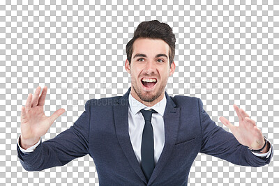 Buy stock photo Wow, surprise and reaction with a business man isolated on a transparent background for good news. Winner, success and smile with a happy young employee on PNG for promotion or bonus celebration