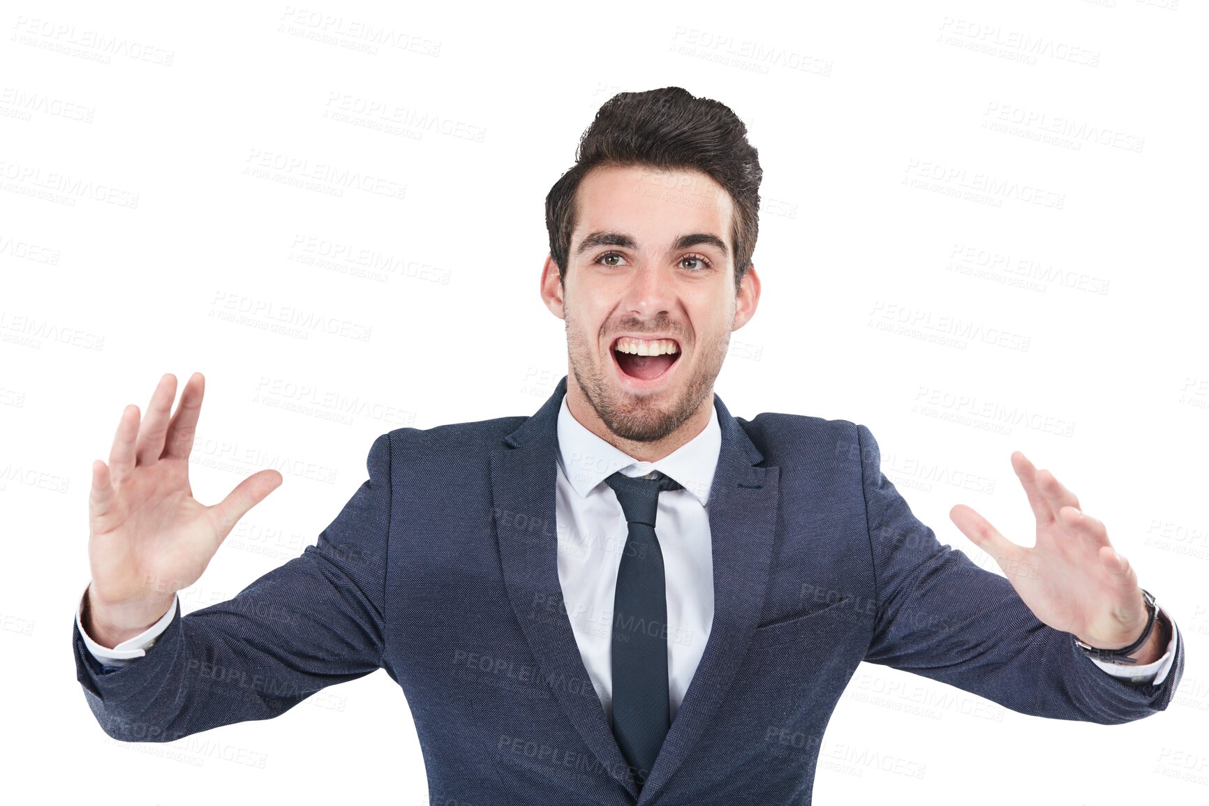 Buy stock photo Wow, surprise and reaction with a business man isolated on a transparent background for good news. Winner, success and smile with a happy young employee on PNG for promotion or bonus celebration