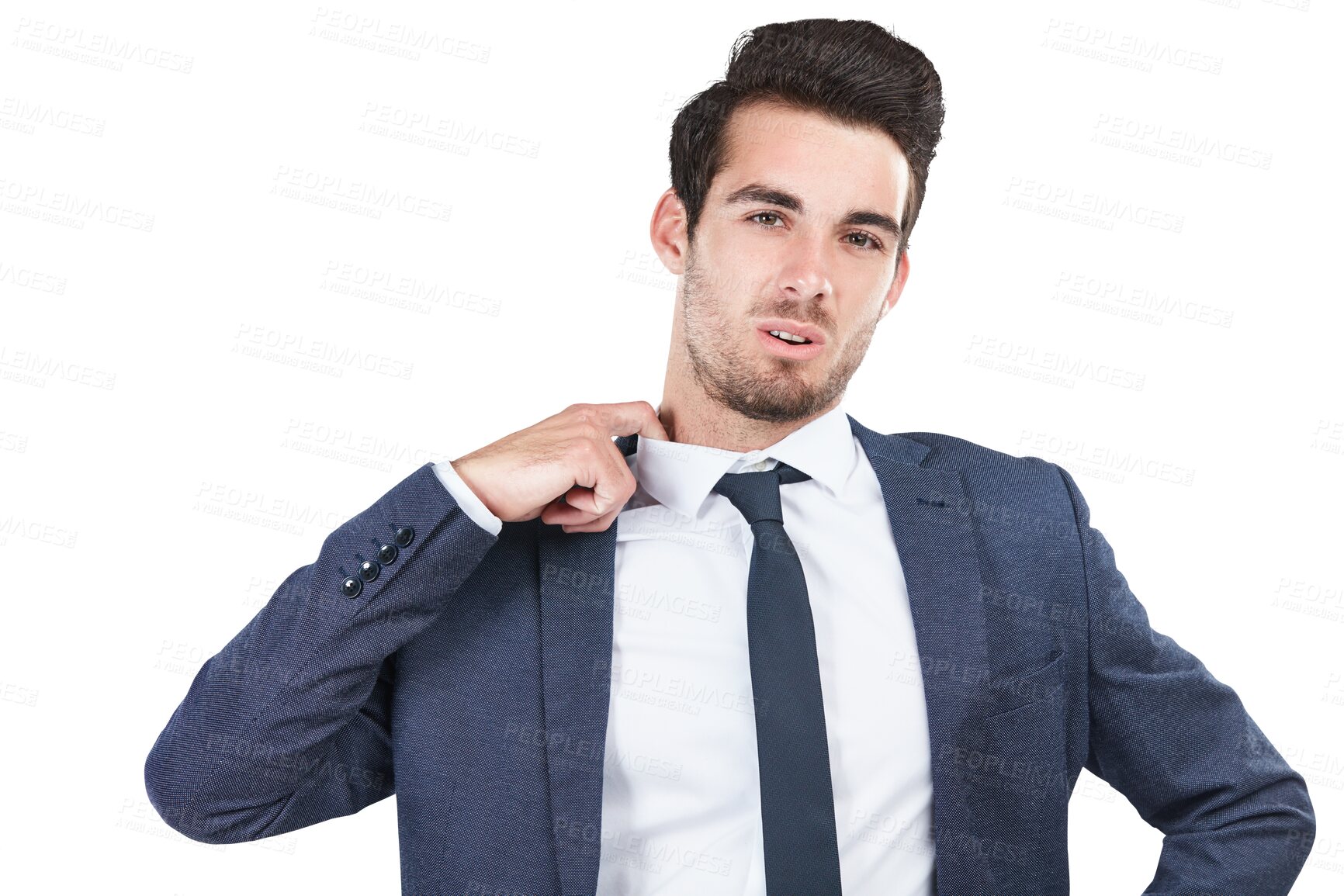 Buy stock photo Portrait of business man, hot and stress, tired or frustrated isolated on transparent png background. Heat, corporate professional pulling shirt to sweat, fatigue and nervous face or uncomfortable