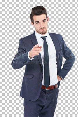 Buy stock photo Portrait, business man pointing at you and decision, choice and recruitment isolated on a transparent png background. Professional gesture to select for hiring, career opportunity and job offer in hr