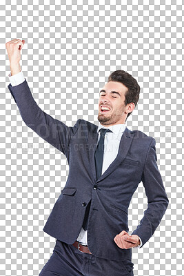 Buy stock photo Happy, celebration and young businessman with fist pump for success, achievement or winning. Smile, excited and professional male person with bonus or promotion isolated by transparent png background