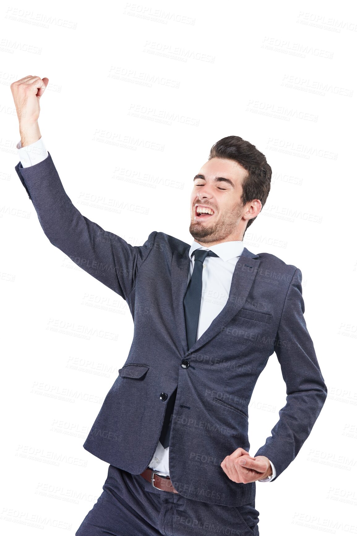 Buy stock photo Happy, celebration and young businessman with fist pump for success, achievement or winning. Smile, excited and professional male person with bonus or promotion isolated by transparent png background