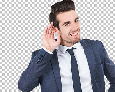 Buy stock photo Listening, hear and portrait of business man on isolated, png and transparent background for news. Corporate worker, signal and face of person with hand gesture for gossip, information and secret