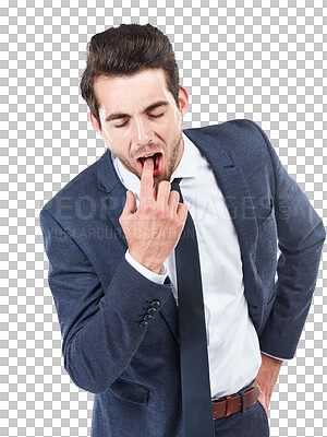 Buy stock photo Hand, mouth or business man with vomit gesture on isolated, transparent or png background. Finger, face or manager with sick, puke or disgust sign for mistake, opinion or gag, reaction or insult