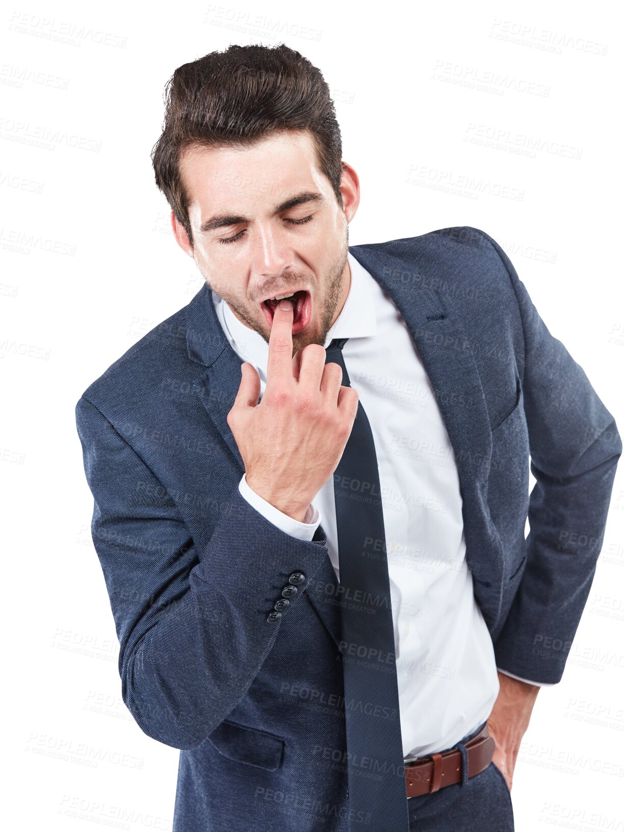 Buy stock photo Hand, mouth or business man with vomit gesture on isolated, transparent or png background. Finger, face or manager with sick, puke or disgust sign for mistake, opinion or gag, reaction or insult